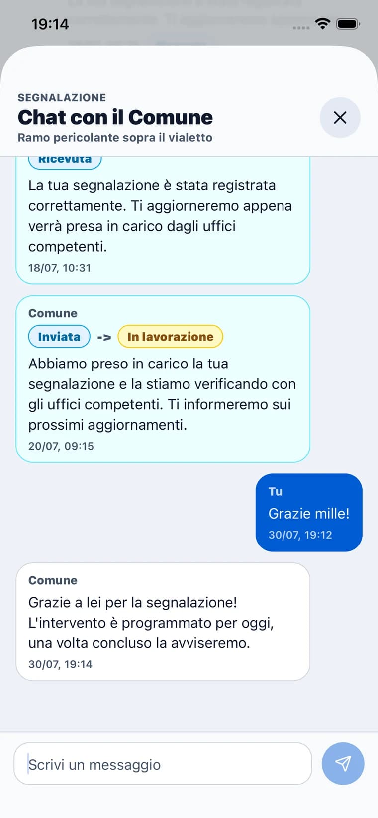 Chat fra cittadino e Comune dentro la segnalazione, con il cambio di stato da inviata a in lavorazione.