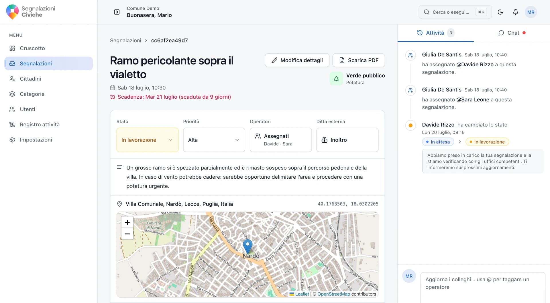 Dettaglio di una segnalazione nel gestionale: stato, priorita, operatori assegnati, inoltro a ditta esterna, posizione e registro delle attivita.