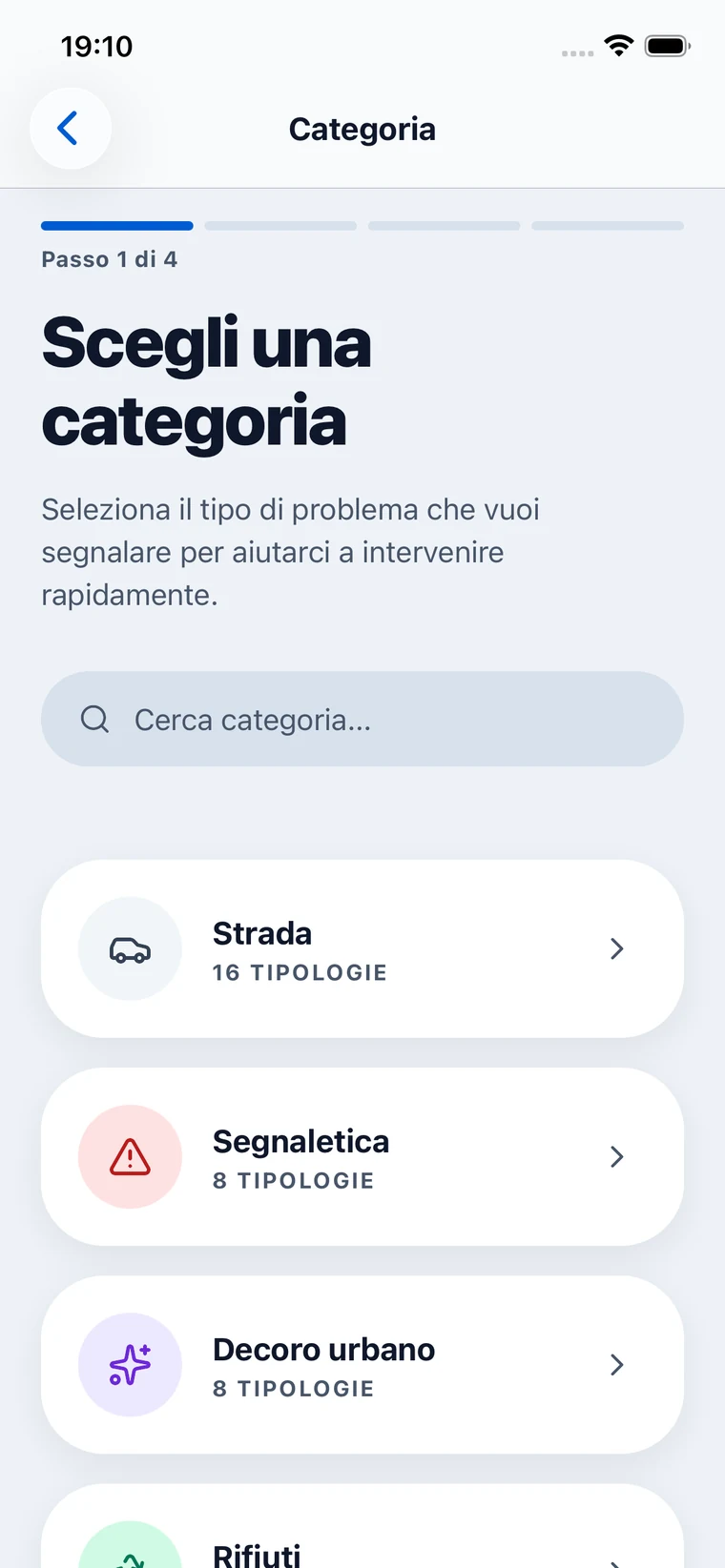 Primo passo dell'invio: scelta della categoria del problema fra strada, segnaletica, decoro urbano e rifiuti.