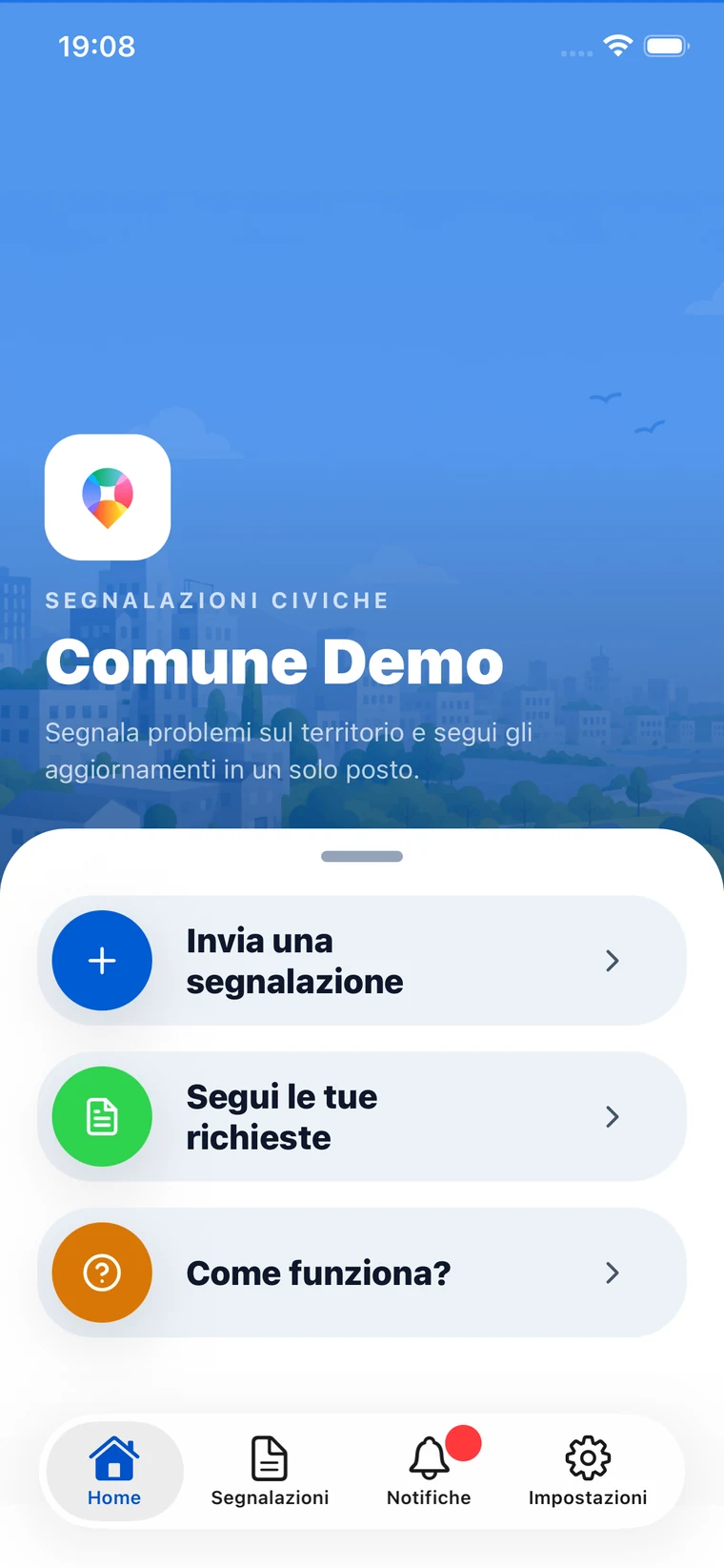 Home dell'app del Comune Demo con le azioni per inviare una segnalazione, seguire le richieste e leggere la guida.